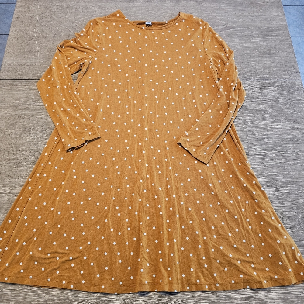 Old Navy Stretch Knit Long Sleeve Dress Midi Orange White Polka Dot Large
